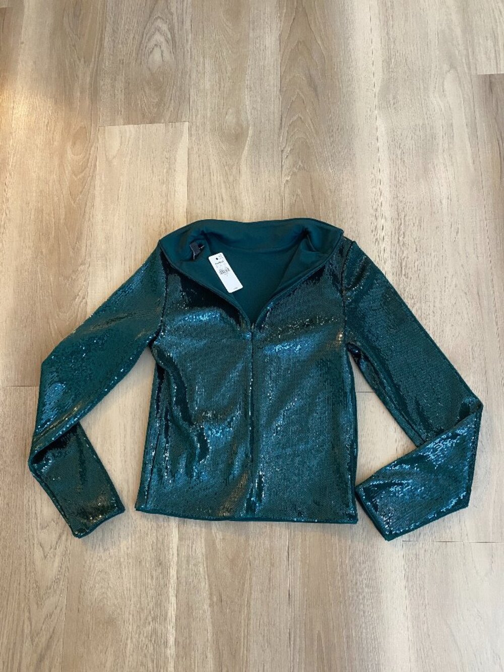 NWT Express Body Contour Emerald Sequin Mock Neck Long Sleeve Top S - Picture 3 of 10